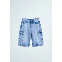 KOAJ - Bermuda de jean cargo azul clara con tiro medio Mujer