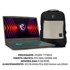 MSI - Portátil Thin A15 B7UC Ryzen 7 7735 HS 8 GB 512 GB SSD RTX 3050 4GB 15.6” FHD 144Hz + Morral