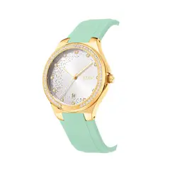 LOIX - Reloj Dama Original Silicona Menta Dorado Cuarzo Analógico Calendario Cristales Bisel L1290-3