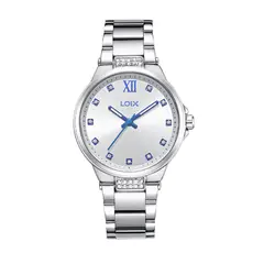 LOIX - Reloj Dama Acero Plateado Azul Analogo Dial Cristales Resistente Agua Pulsera L1280-4