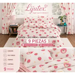 GENERICO - Juego de Cama Infantil 9 Piezas con Cortinas Ositos y Fresas – Edredón Acolchado y Sábanas