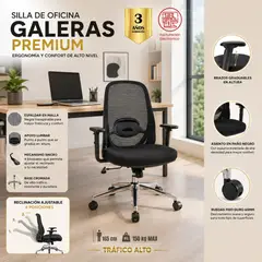 MUEBLESYA - Silla Ergonómica Gerencial Galeras con Soporte Lumbar Ajustable, Malla Negra y Base Cromada