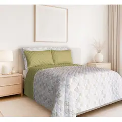 BALI - Colcha Doble Faz para Cama Queen 230×240 + Funda 50×75 Leny Verde