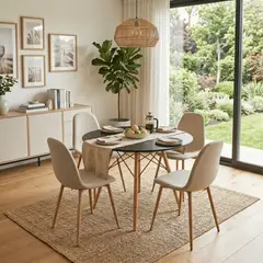ENTRE NOS HOME - Juego De Comedor Lía Con Mesa Redonda De Madera Negra Y 4 Sillas Beige 90cm