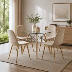 ENTRE NOS HOME - Juego De Comedor Lía Con Mesa Redonda De Vidrio Y 4 Sillas Beige Diámetro 90cm
