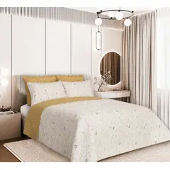 BALI - Colcha Doble Faz para Cama Semidoble 200×240 + Funda 50×75 Melyn Mostaza y beige
