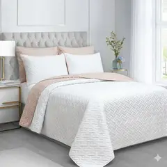 BALI - Colcha Doble Faz para Cama Queen 230×240 + Funda 50×75 Beige y Blanco
