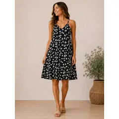 FRIOLENTA - Vestido Margaritas Sin Mangas Cuello En V - Negro