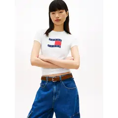 TOMMY HILFIGER - Camiseta blanca de punto slim con logo ondulante