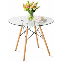 GENERICO - Mesa De Comedor Redonda Vidrio Templado 80 cm Mesa Auxiliar Moderna Con Patas De Madera