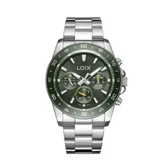LOIX - Reloj Hombre Original Acero Plateado Verde Calendario Cuarzo Japones Multifuncion L2162-4