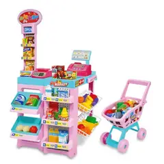 MARKET TOYS - Supermercado Infantil Rosado Con Carrito De Mercado + 30pcs