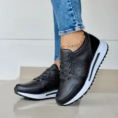 EVEGONZ - TENIS DE MUJER ZAPATOS DE CUERO NEGRO ILUSION