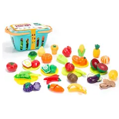 MARKET TOYS - Canasta Infantil Grande + Frutas Con Velcro + 33 Pcs