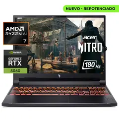 ACER - PORTÁTIL GAMER NITRO V 16 AI - RYZEN AI 7 350 - RTX 5060 8GB - 16GB RAM - 512GB SSD - 16" WUXGA