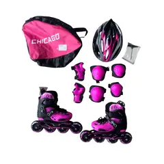 CHICAGO - PATINES SEMIPROFESIONALES ANTICHOQUE FUCSIA AJUSTABLE 32,33,34,35 + KIT +BOLSO