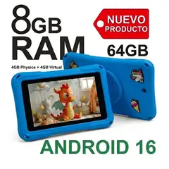 KRONO - Tablet Niños 8GB RAM (4+4) Android 16 Wifi Azul