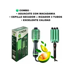 GENERICO - Combo Cepillo Secador Voluminizador + Rizador de Cabello 3 Tubos ProNova Aguacate y Macadamia