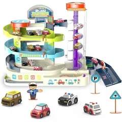 MARKET TOYS - Pista Infantil Parqueadero 4 Carros Con Ascensor Garaje