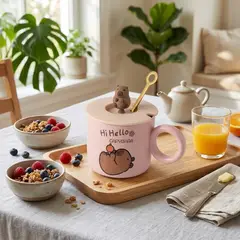 GENERICO - Taza Mug Cerámica Capibara 380ml Con Tapa y Cuchara Pocillo Para Café Té Regalo