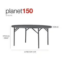 GENERICO - Mesa Redonda Plegable Zown Planet150 Ø152.4 x 74.3 cm HDPE 8 Puestos Gris