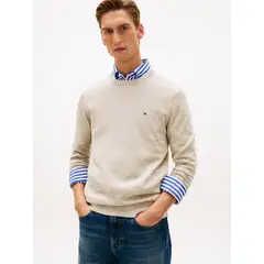 TOMMY HILFIGER - Saco beige de cuello redondo con logo bordado