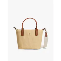 TOMMY HILFIGER - Bolso beige tote de rafia con correa cruzada
