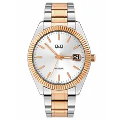 Q AND Q - Reloj QyQ Para Hombre Moderno A476J411Y Plateado Con Detalles Oro Rosa Con Calendario