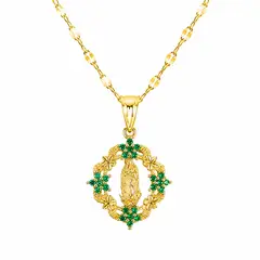 DELUXE - Collar Cadena Con Dije De Virgen Con Flor Verde En Acero Inoxidable + Caja