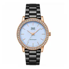 Q AND Q - Reloj QyQ Para Mujer Elegante QA27-800Y En Acero Negro Con Detalles Oro Rosa