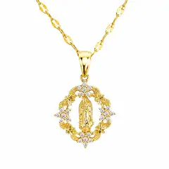 DELUXE - Collar Cadena Con Dije De Virgen Con Flor Blanca En Acero Inoxidable + Caja