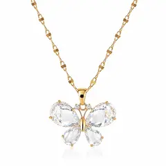 STAINLESS STEEL - Collar Cadena Con Dije Mariposa Piedra Transparente Blanca Con Circon En Acero Inoxidable