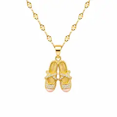 STAINLESS STEEL - Collar Cadena Con Dije Zapato De Valet Piedra Blanca Rosa Pequeño Con Circon En Acero Inoxidable