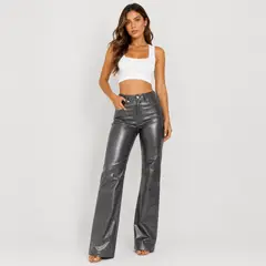 FRIOLENTA - Pantalon Cuerina Momfit Metalizado Negro