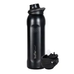 BUFFER FLASK - Termo Botella Termica Agua 1lt Buffer Acero Inox + 2 tapas - Negro