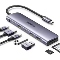 UGREEN - Revodok Hub USB-C 7 en 1 – Adaptador con HDMI 4K, USB 3.0, Lector SD/TF y Carga PD 100W