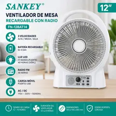 SANKEY - Ventilador de mesa recargable con radio FM, luz LED y puerto USB 12"