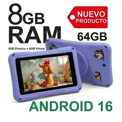 KRONO - Tablet Para Niños Kids 7 WiFi 8GB RAM (4+4) 64GB Android 16 Morada