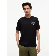 TOMMY HILFIGER - Camiseta negra de cuello redondo con logo estampado gráfico