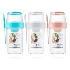 GENERICO - Set Taza Vaso Recipiente Doble + Cuchara Para Cereal Yogurt Ensalada Hermetico