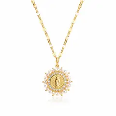 STAINLESS STEEL - Collar Cadena Con Dije Pequeño Virgen Perla Blanco Con Circon En Acero