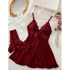 GENERICO - Conjunto Lencería Sexy Babydoll Encaje Pijama Suave Borgoña S M
