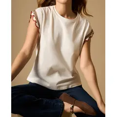 ESPRIT - Camiseta para mujer con detalle tejido en mangas 100% algodón