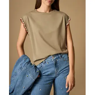 ESPRIT - Camiseta para mujer con detalle tejido en mangas 100% algodón