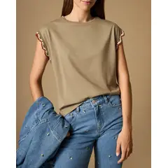 ESPRIT - Camiseta para mujer con detalle tejido en mangas 100% algodón