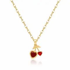STAINLESS STEEL - Collar Cadena Con Dije Cereza Corazon Rojo Pequeño Con Circon En Acero Inoxidable