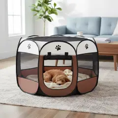 MASCOTIK - CORRAL PLEGABLE PARA MASCOTAS PERROS Y GATOS COLOR CAFE