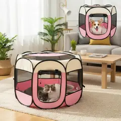 MASCOTIK - CORRAL PLEGABLE PARA MASCOTAS PERROS Y GATOS COLOR ROSA