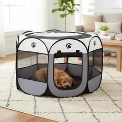 MASCOTIK - CORRAL PLEGABLE PARA MASCOTAS PERROS Y GATOS COLOR GRIS