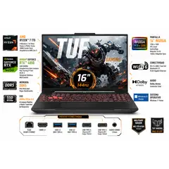 ASUS - Portátil Gamer TUF Gaming A16 FA607NUQ AMD Ryzen 7 170 RAM 64GB SSD 8 TB RTX 4050 6 GB 144Hz